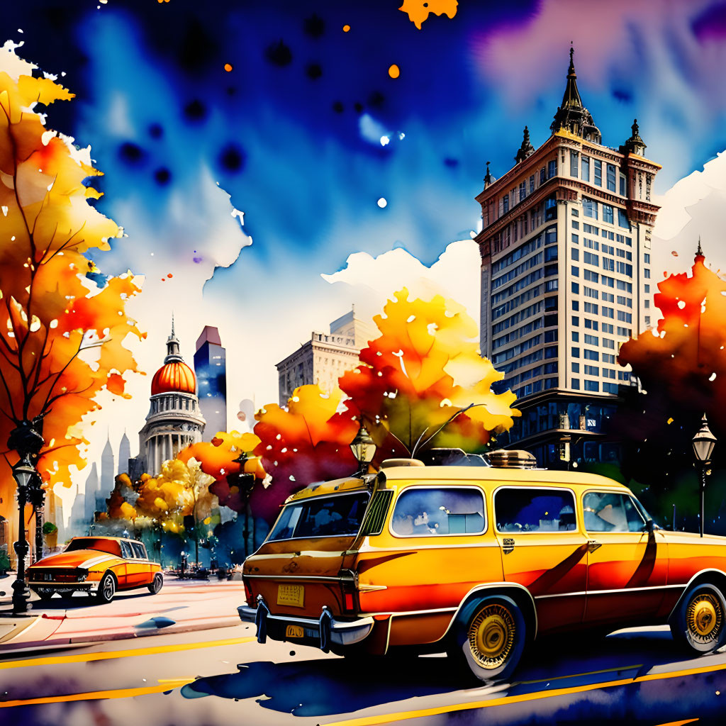 Colorful cityscape with vintage station wagon and autumn trees.