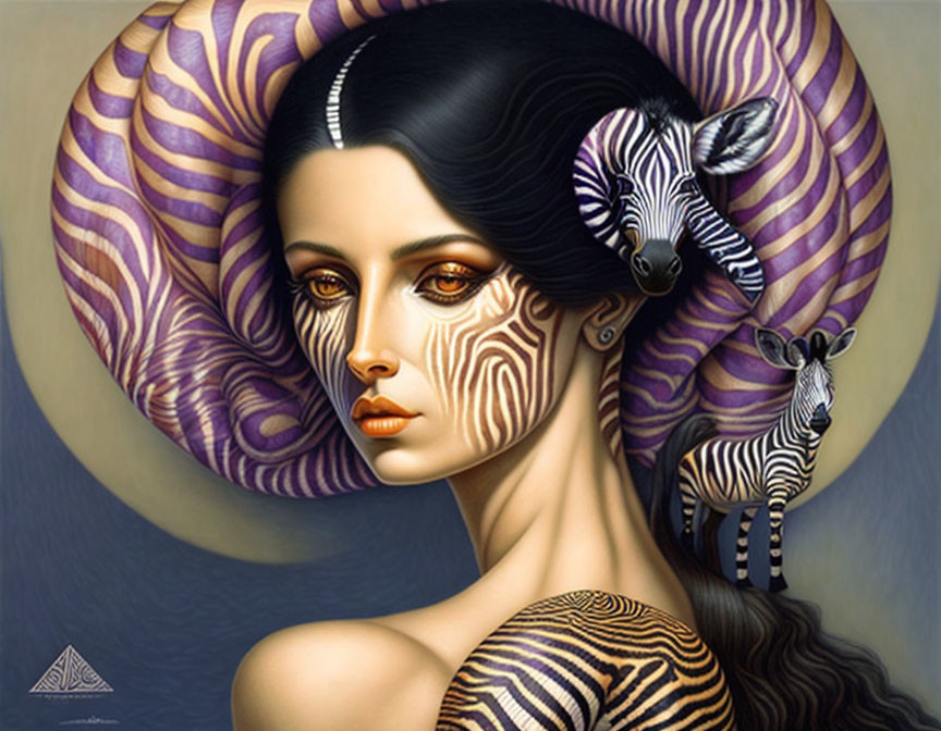 Fantasy portrait of a woman with zebra-striped patterns and two zebras blending in.