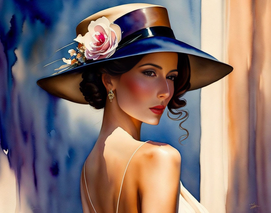 Sophisticated woman in wide-brimmed hat with flowers, wavy hair, and elegant makeup