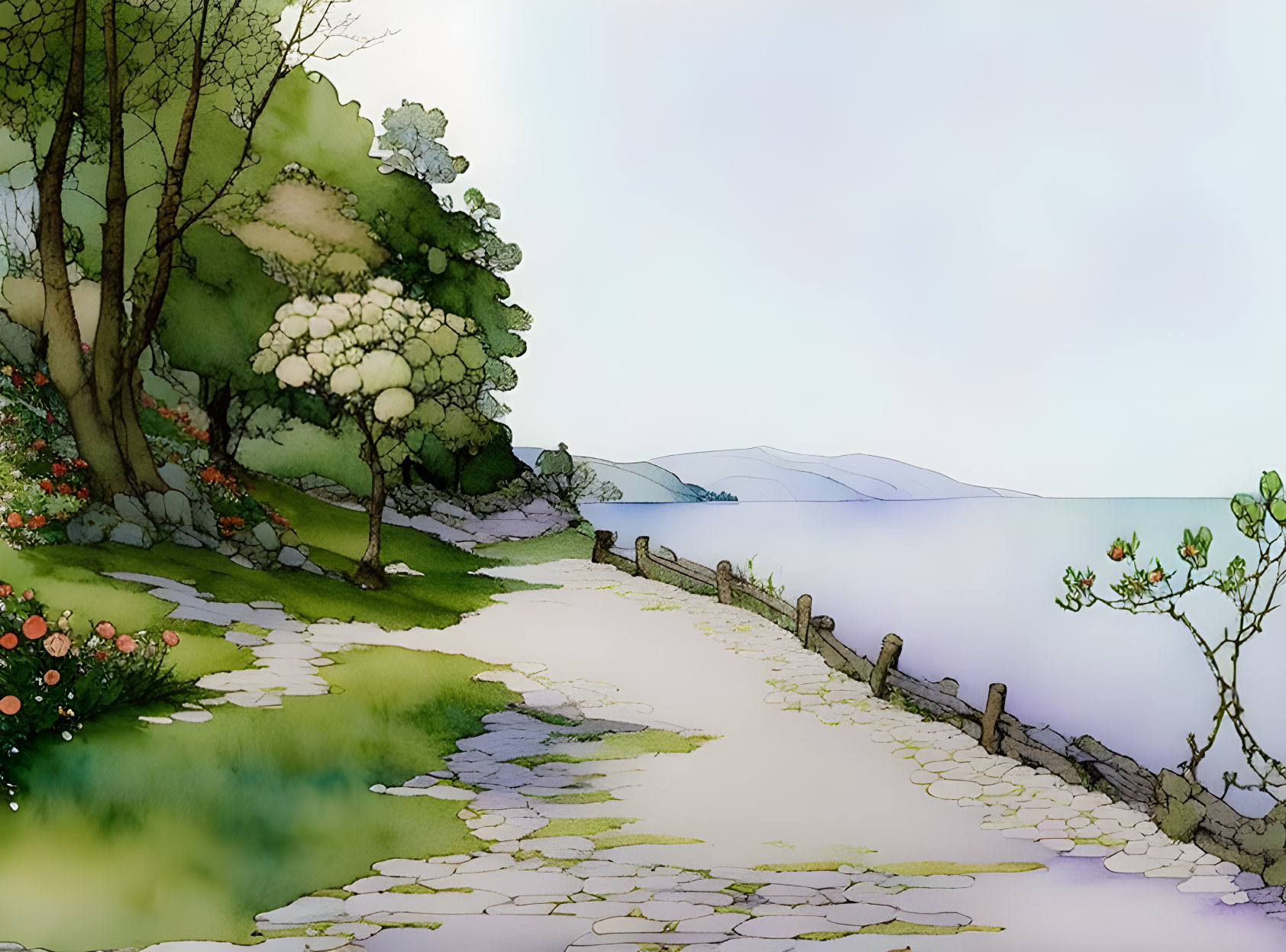 Serene watercolor illustration of path with wooden fence and blooming nature