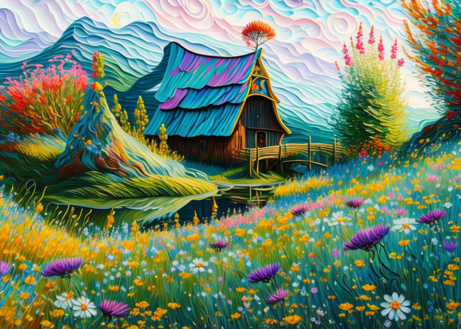 Colorful painting of wooden cabin in vibrant landscape