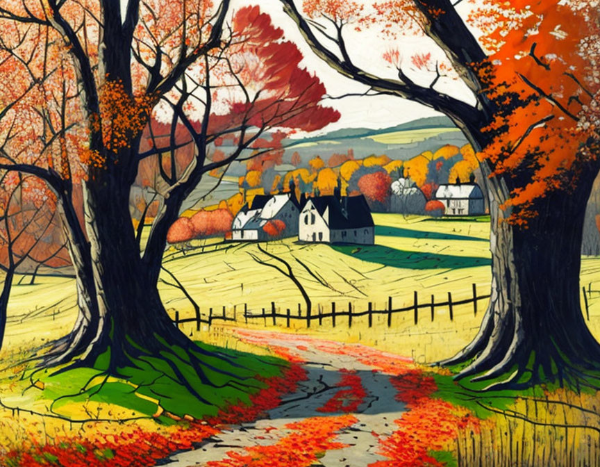 Colorful Autumn Landscape with Dirt Path and White Houses