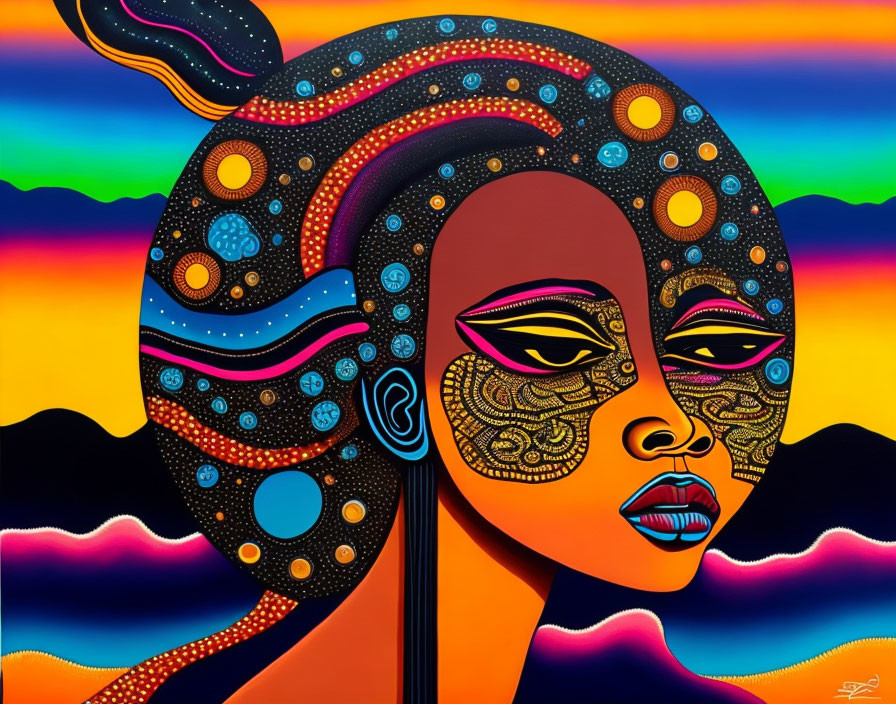 Colorful abstract portrait of stylized woman's face with intricate patterns on vibrant background