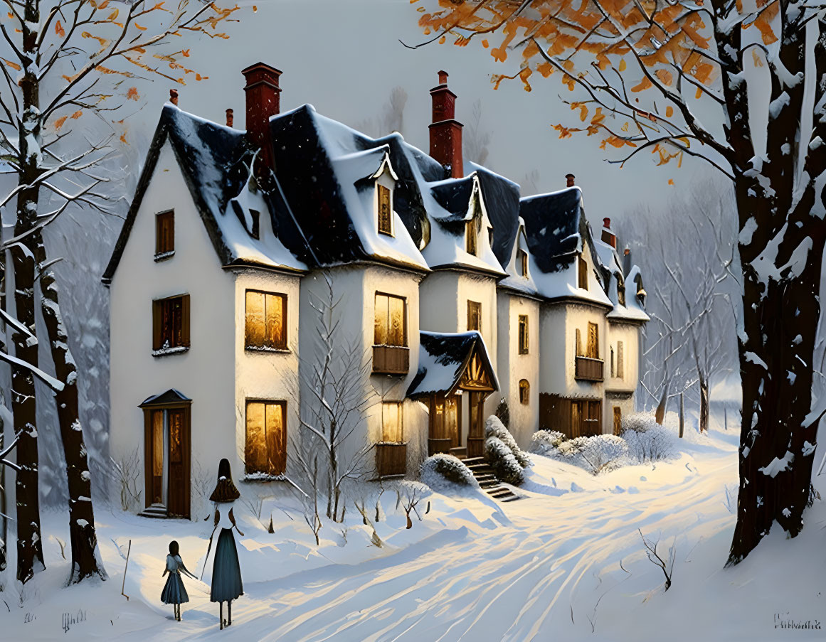 Snow-covered house with warm lights, trees, and two figures walking in tranquil winter scene