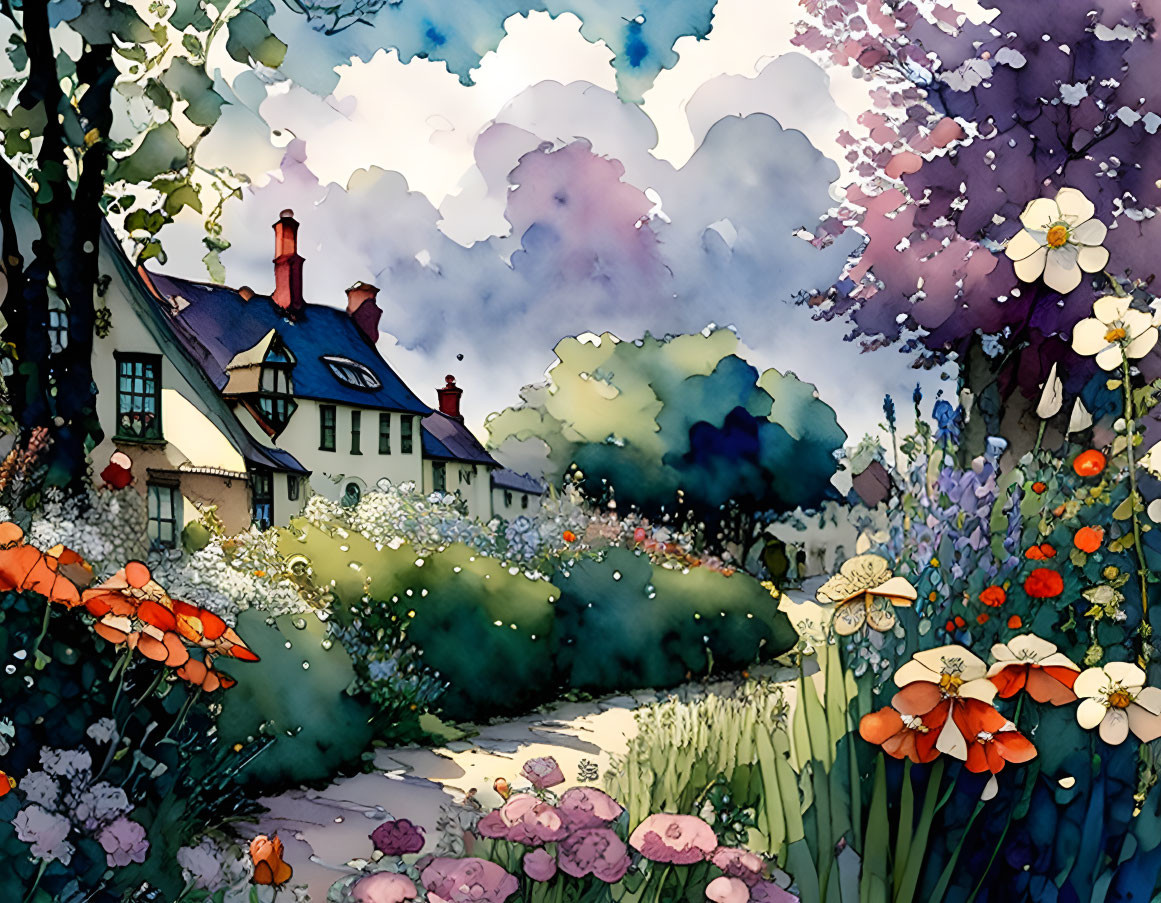 Vibrant illustration: quaint house, garden, flowers, dreamy sky