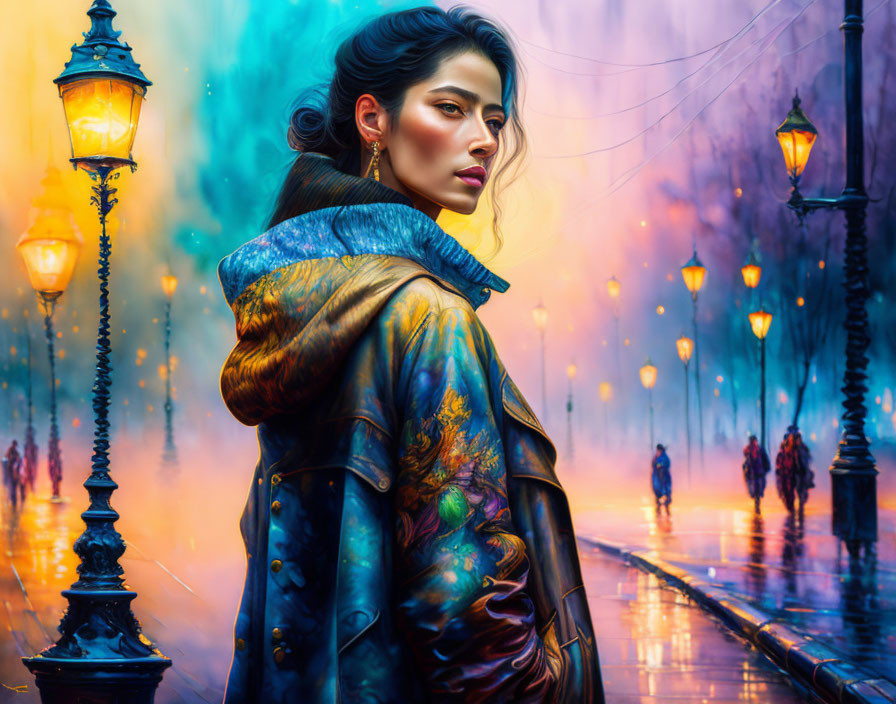 Dark-haired woman in ornate jacket gazes on vibrant, lamp-lit street