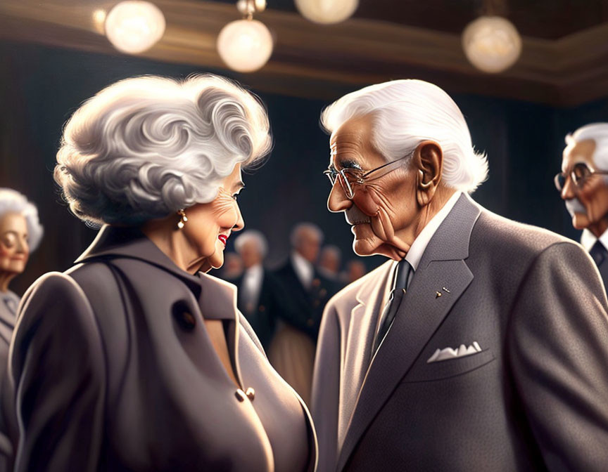 Elderly couple in formal attire smiling at each other with guests in background