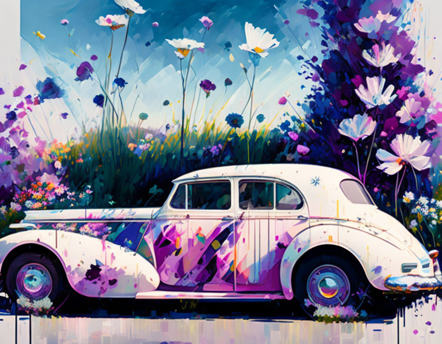 Classic Car Artwork with Vibrant Floral Background