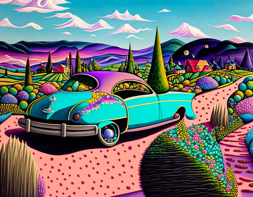 Colorful surreal landscape with teal car, whimsical trees, and stylized sky.