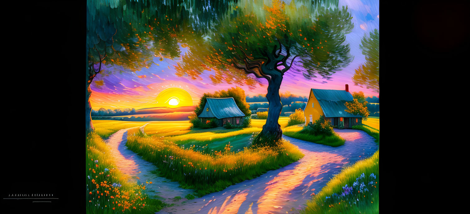 Colorful sunset landscape with winding path and cottages