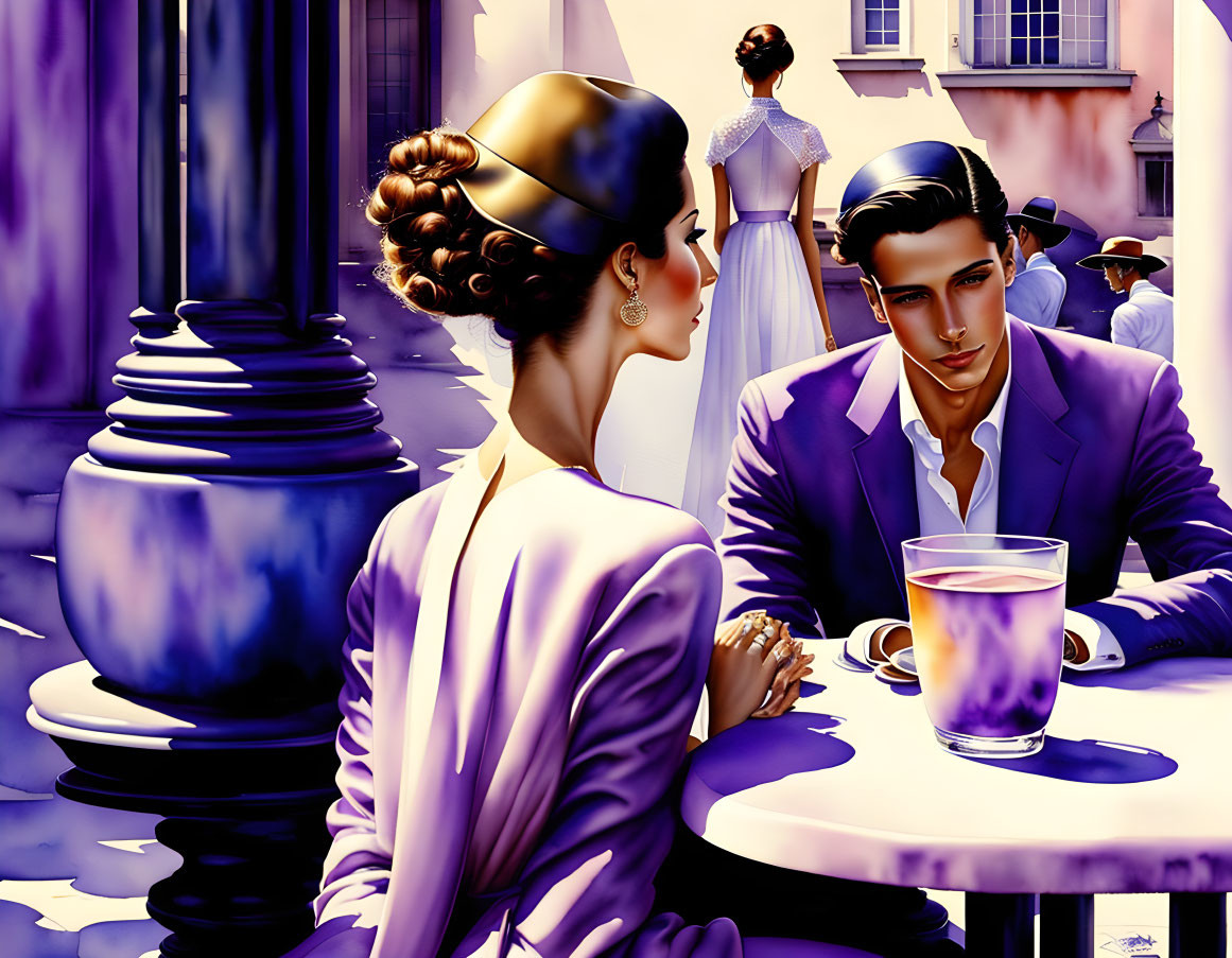 Illustration of a man and woman in blue and purple attire at a cafe table with onlookers