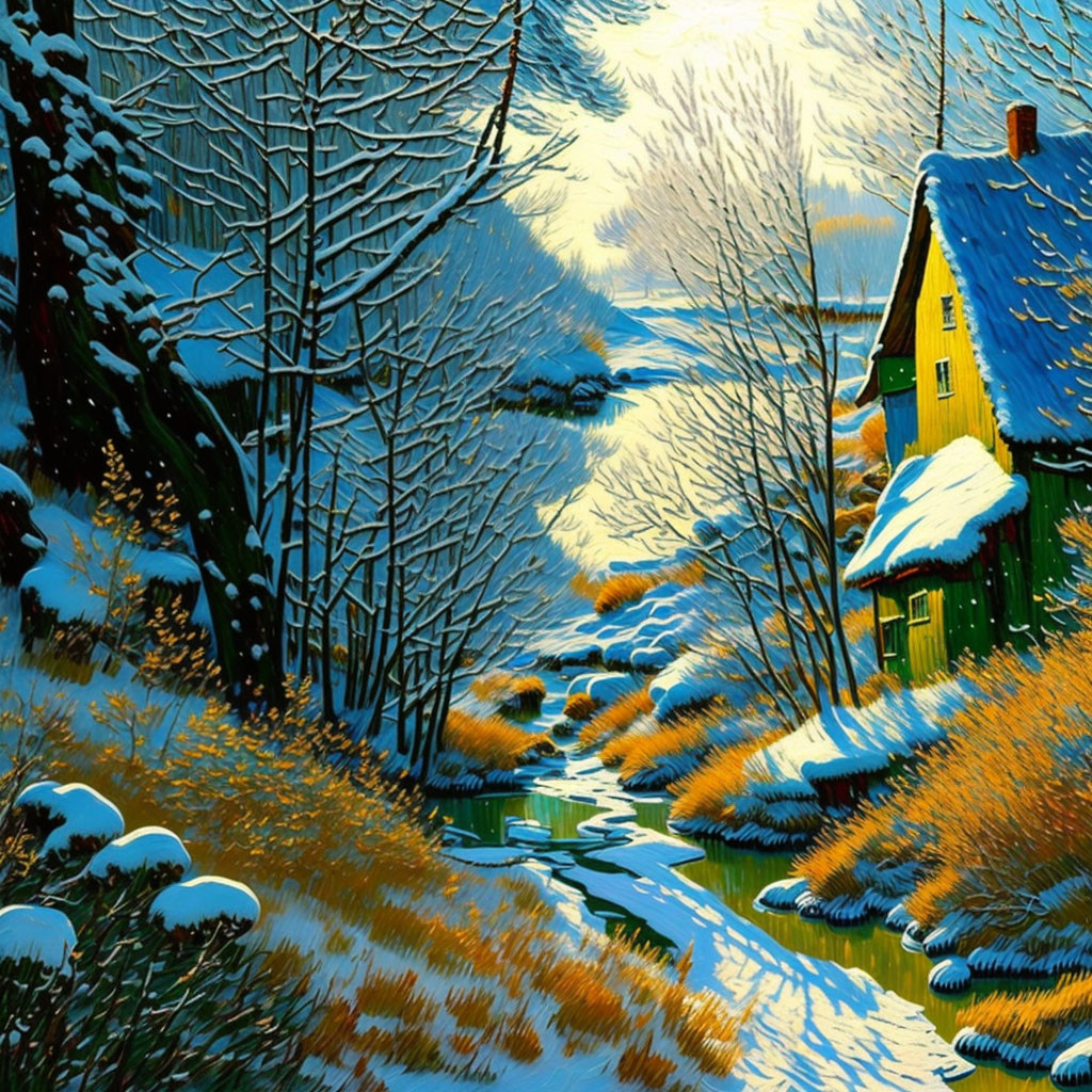 Yellow house by snow-covered path near river at twilight