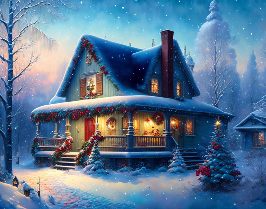 Snowy Twilight Scene: Festive Decorated Two-Story House