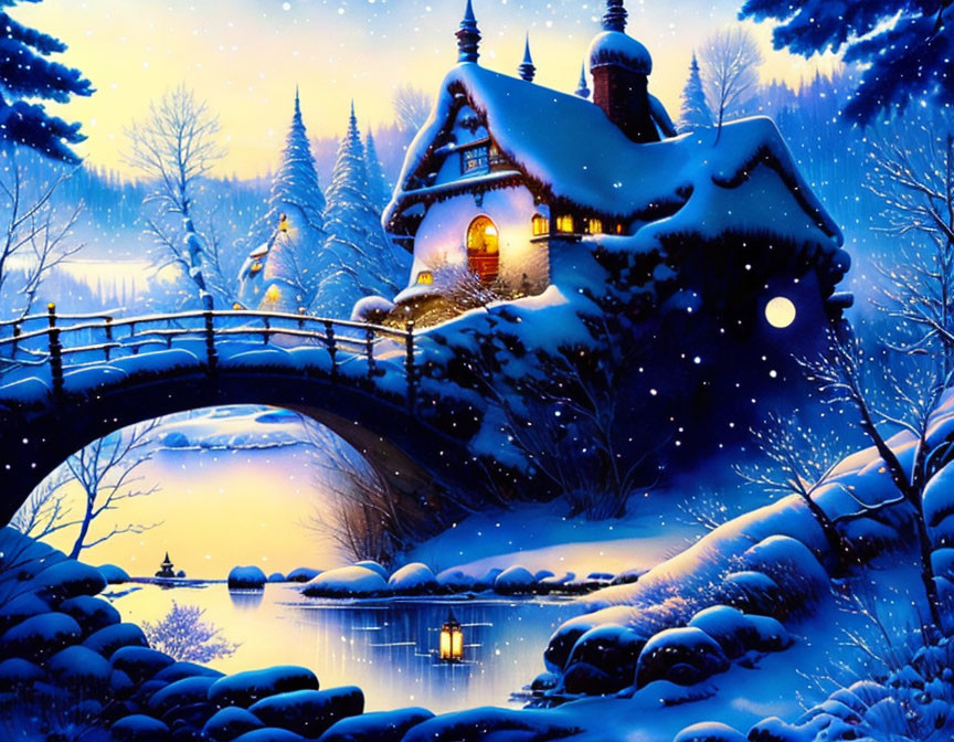 Snow-covered cottage by frozen river with warm lights, bridge, trees, starry sky