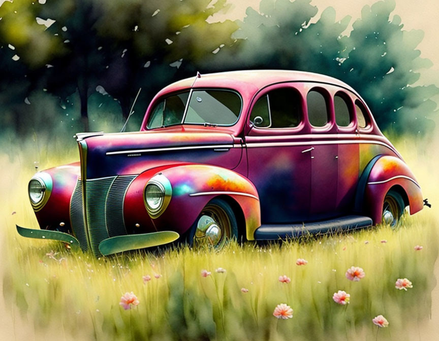 Colorful Classic Car Surrounded by Dandelion Seeds and Pink Flowers