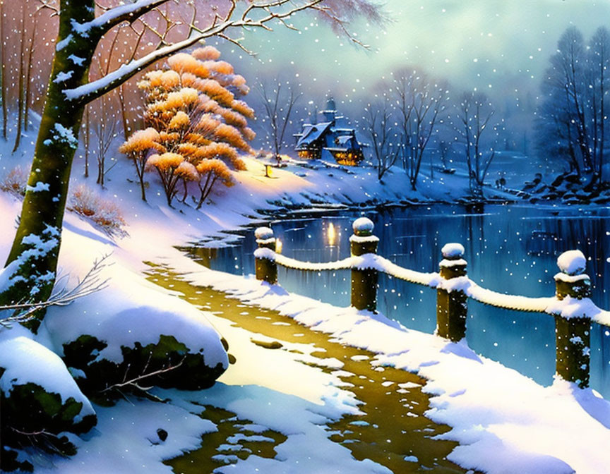 Snow-covered trees, river footpath, cozy cottage, and twilight sky in serene winter scene