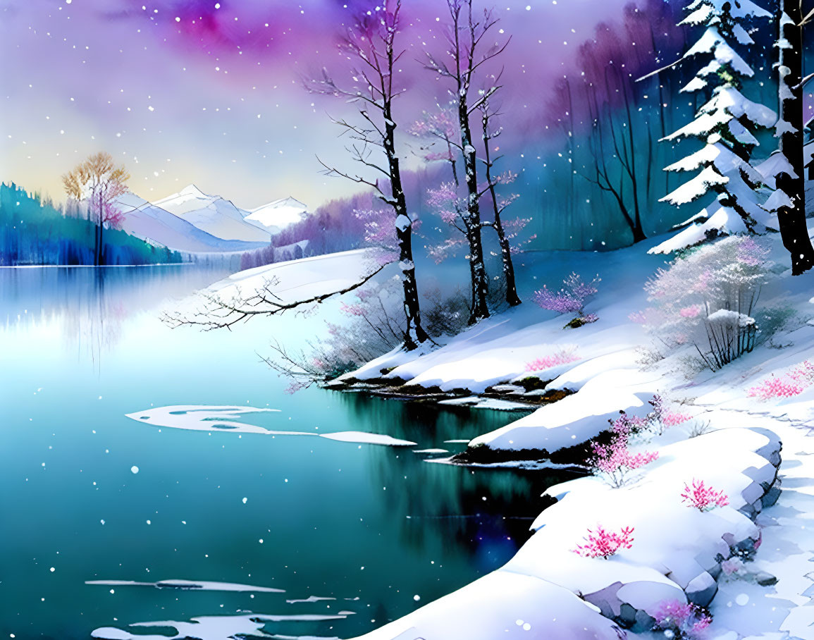 Snow-covered winter landscape with lake, trees, mountains under starry sky