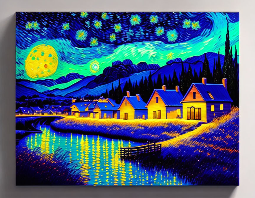 Vibrant painting of starry night over small village with yellow houses and river