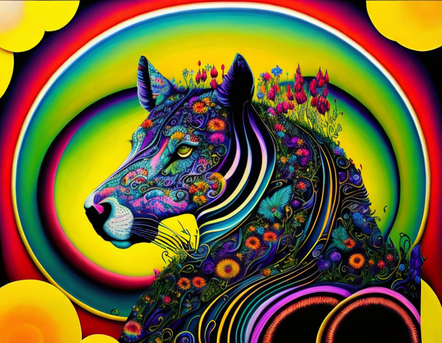 Colorful Psychedelic Cat Illustration with Flowers and Patterns