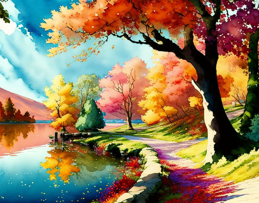 Colorful autumn landscape with river reflections & winding path