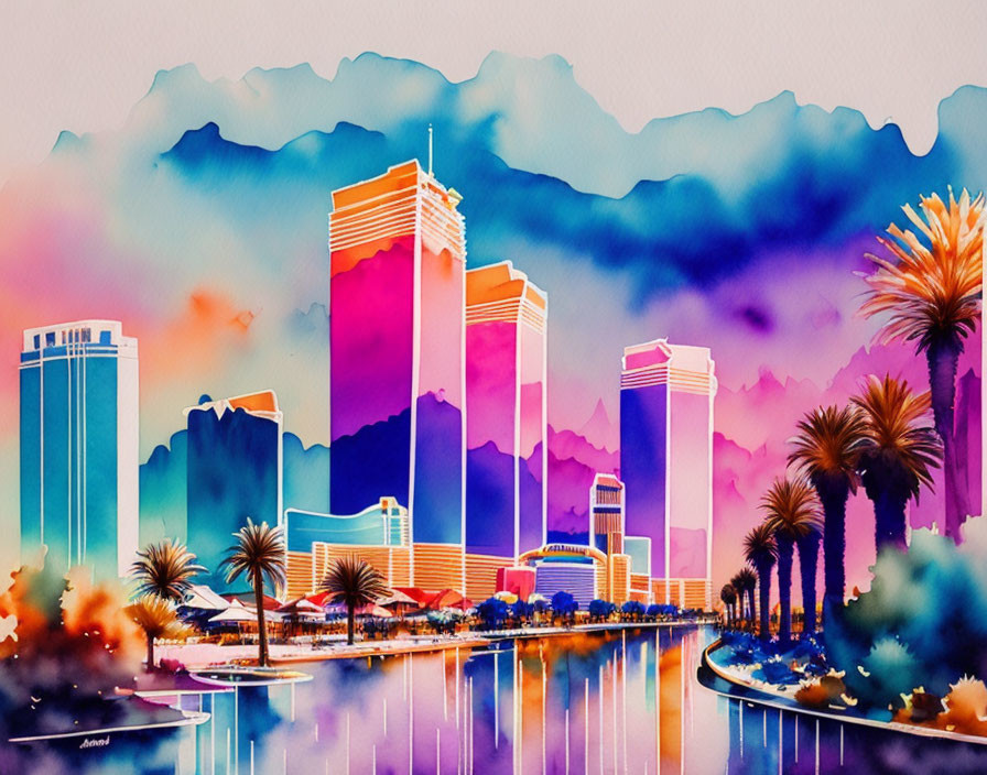 City skyline watercolor painting with reflective skyscrapers, sunset hues, and palm trees.