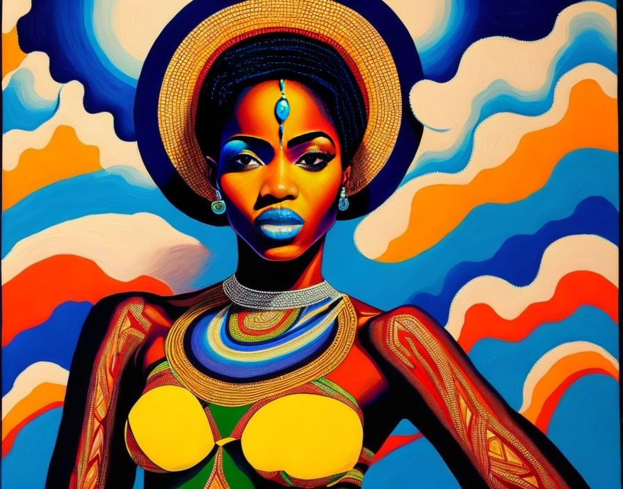 Colorful Artwork: Stylized Woman with Blue Lips and Sun Hat