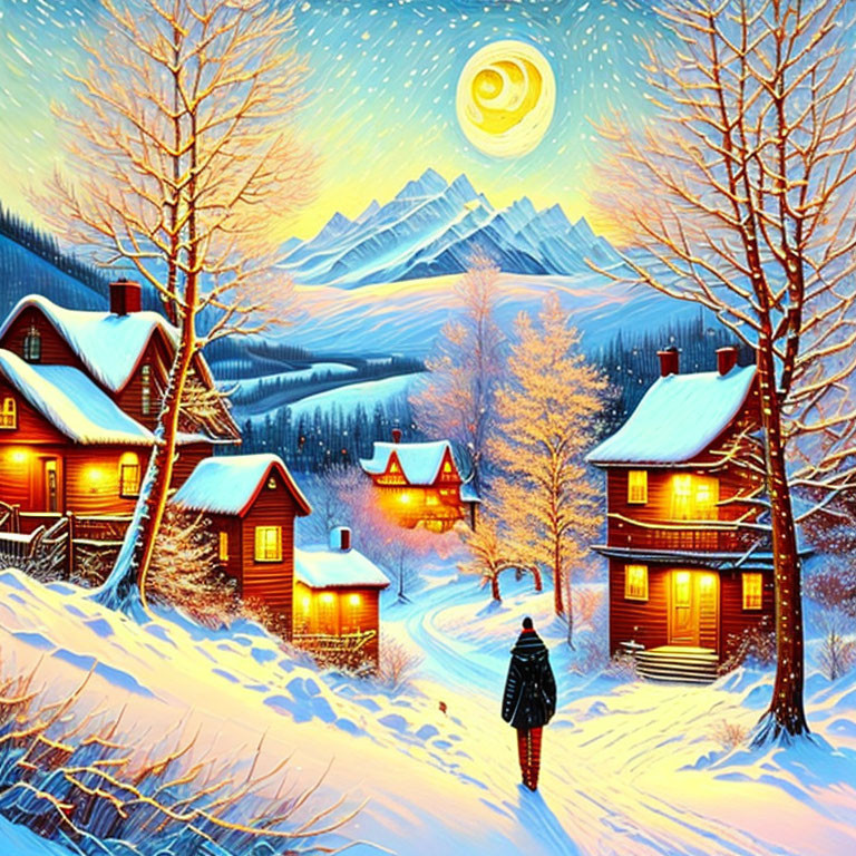 Person walking towards warmly lit cottages on snowy path under full moon