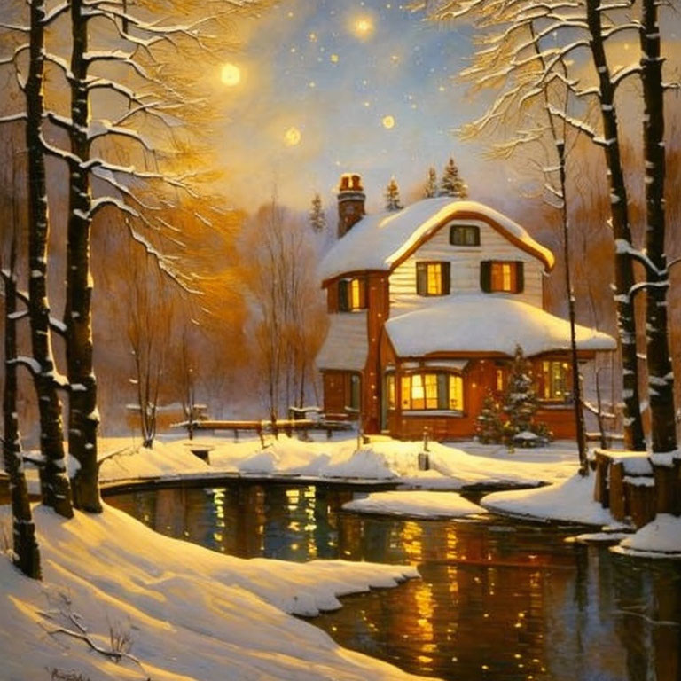 Snowy landscape with cozy cottage and glowing lights