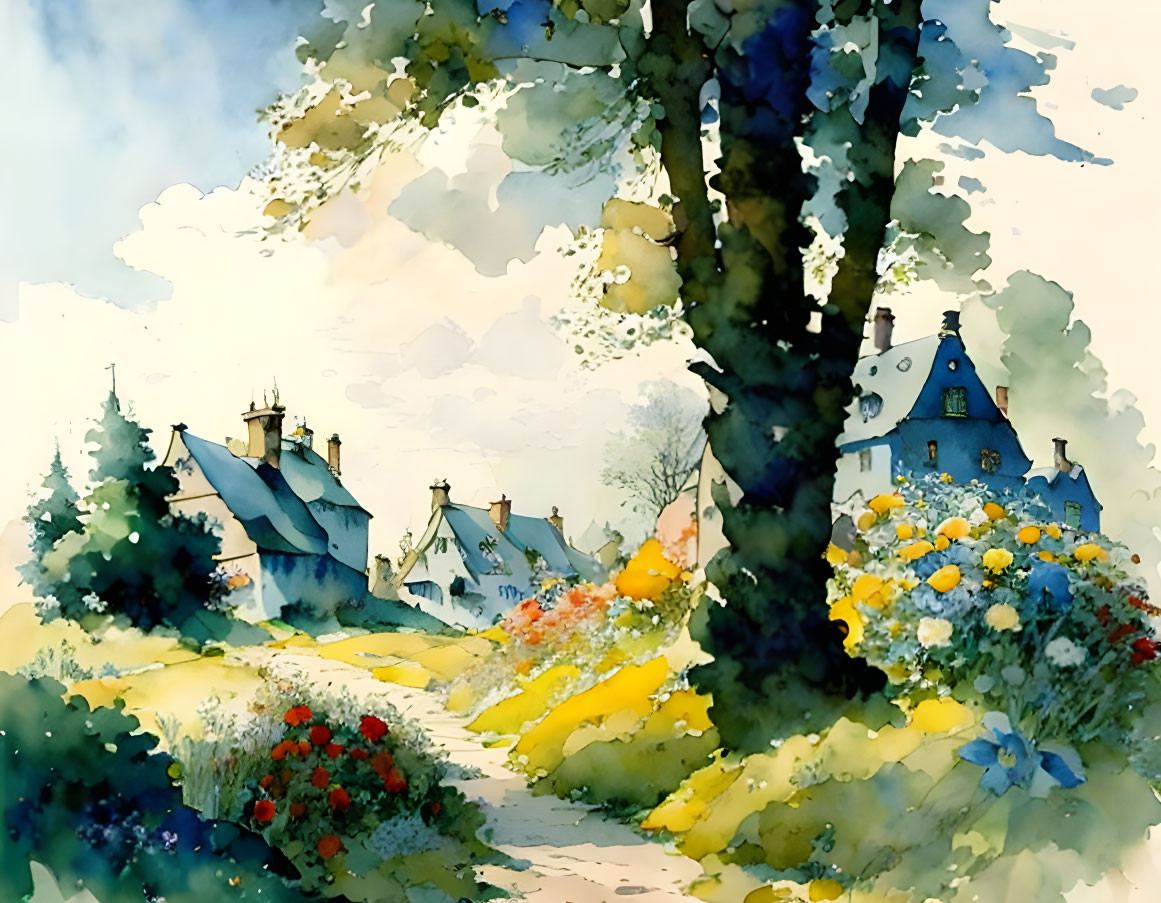 Colorful Watercolor Painting of Quaint Village with Flowerbeds and Traditional Houses