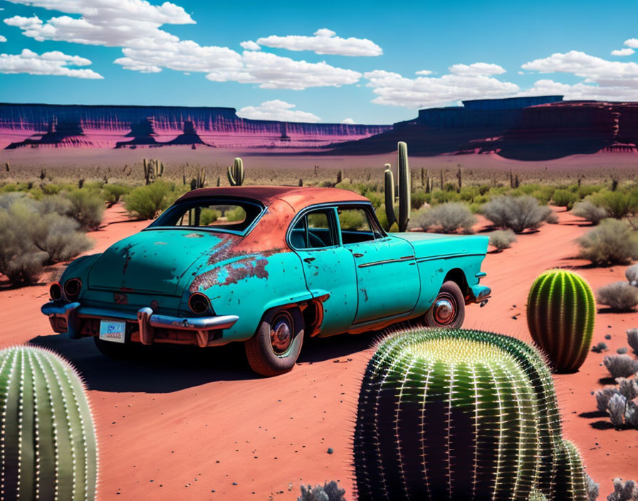 Abandoned vintage turquoise car in desert landscape