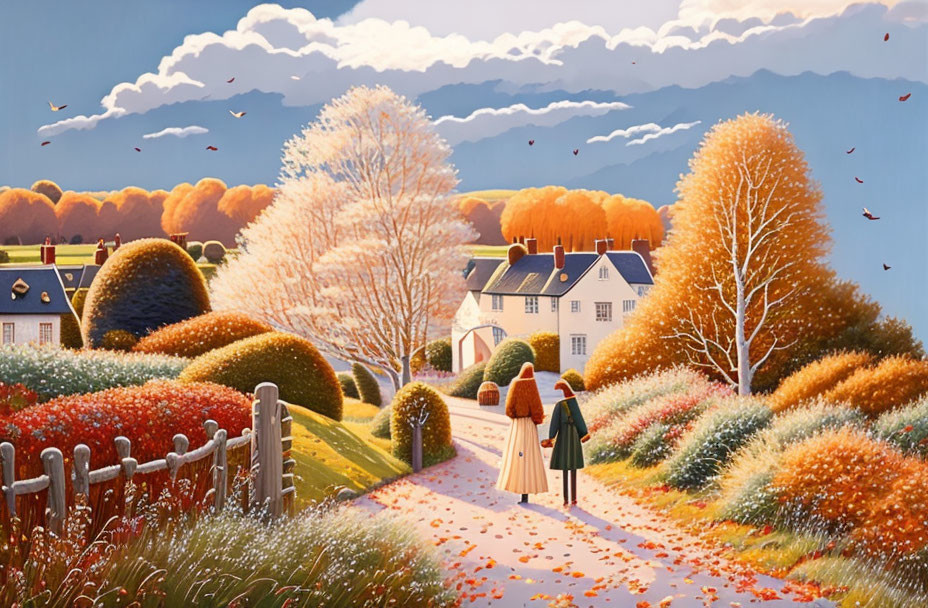 Woman walking on path in autumnal landscape with colorful trees and cottage