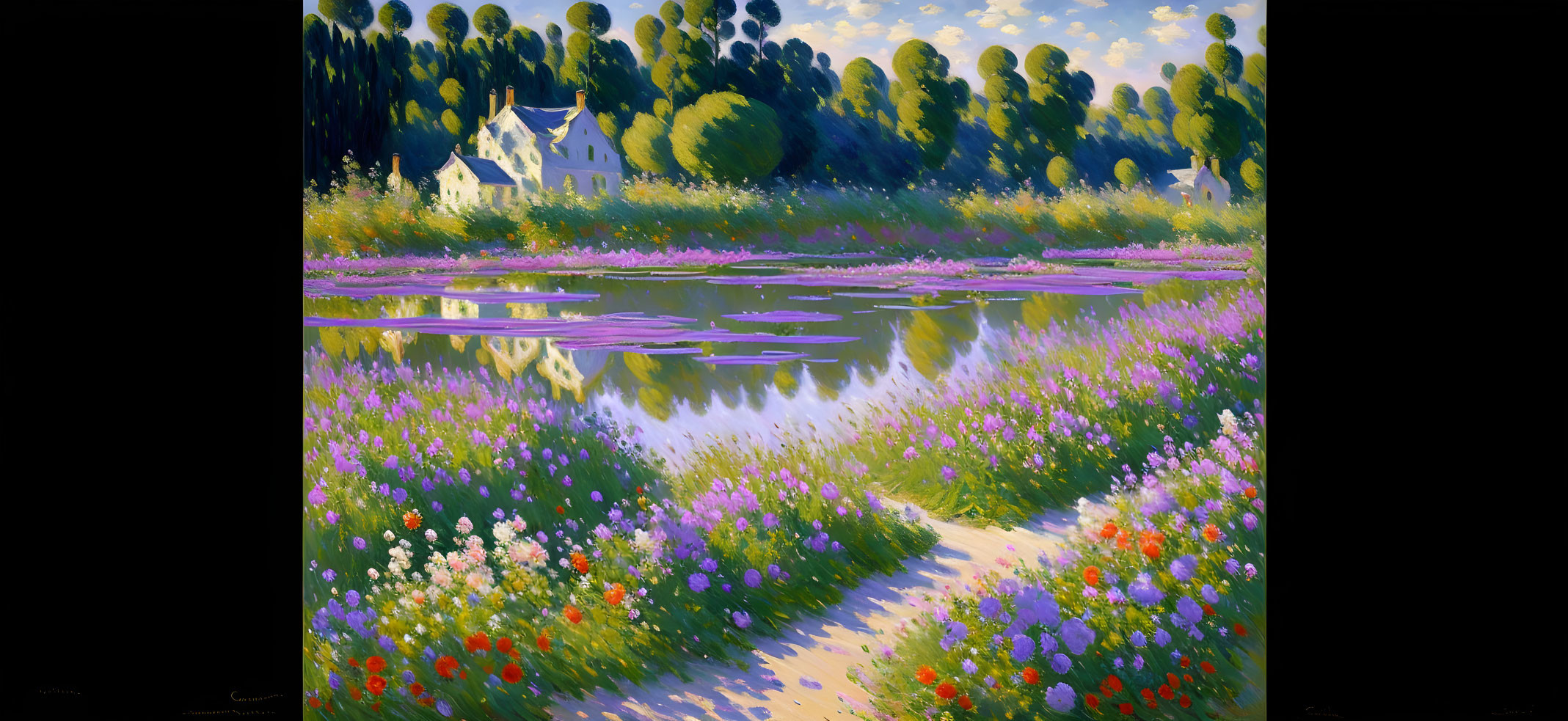 Pastoral scene painting: white house, lush greenery, purple flowers, pond, blue sky