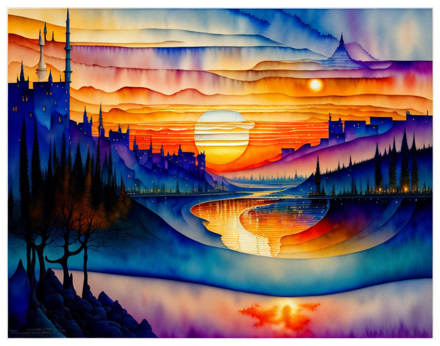 Whimsical sunset landscape with hills, lake, castles, and tree