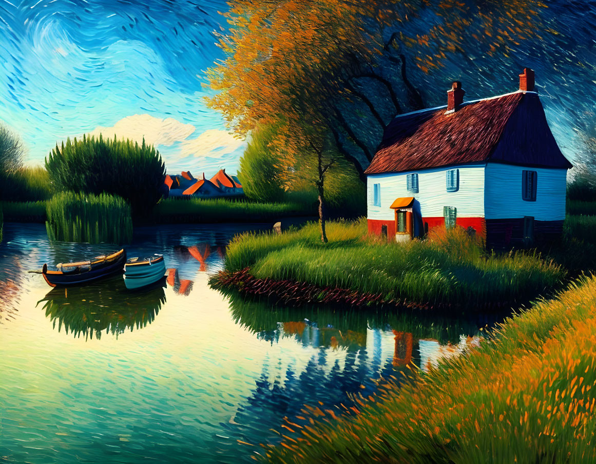 Serene blue cottage painting with lake reflections