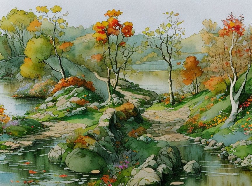 Tranquil watercolor painting: Serene river bank, autumn trees, boulders, wild