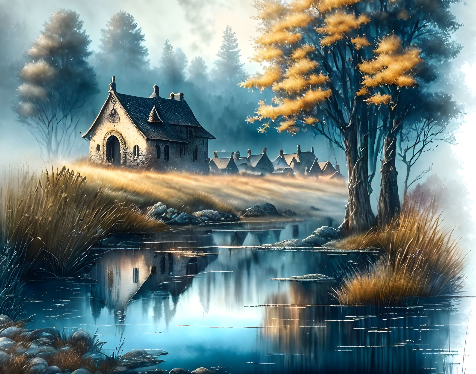 Serene twilight landscape with old stone cottage, misty forest, and golden tree