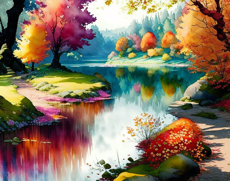 Colorful autumn lakeside landscape with serene water reflection