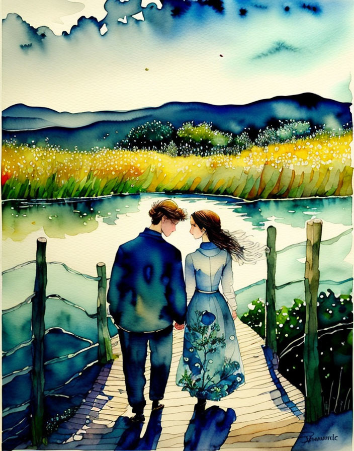 Couple holding hands on wooden pier in watercolor.