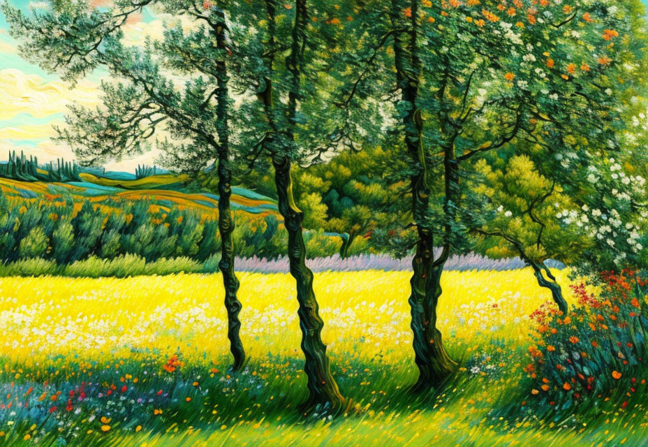 Lush landscape painting with green trees, yellow flowers, and purple flora under a blue sky.