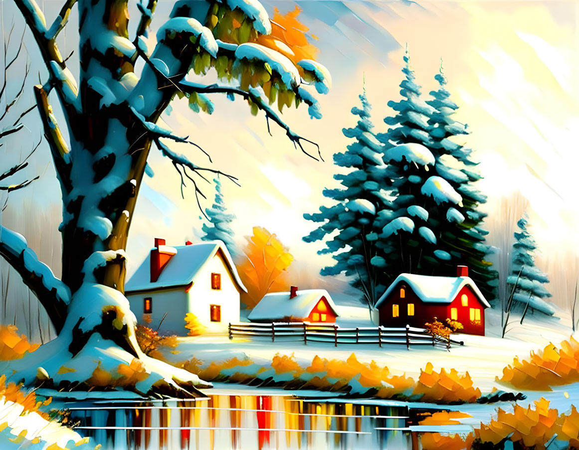 Snowy Landscape Painting with Cozy Cottages and Reflective Lake