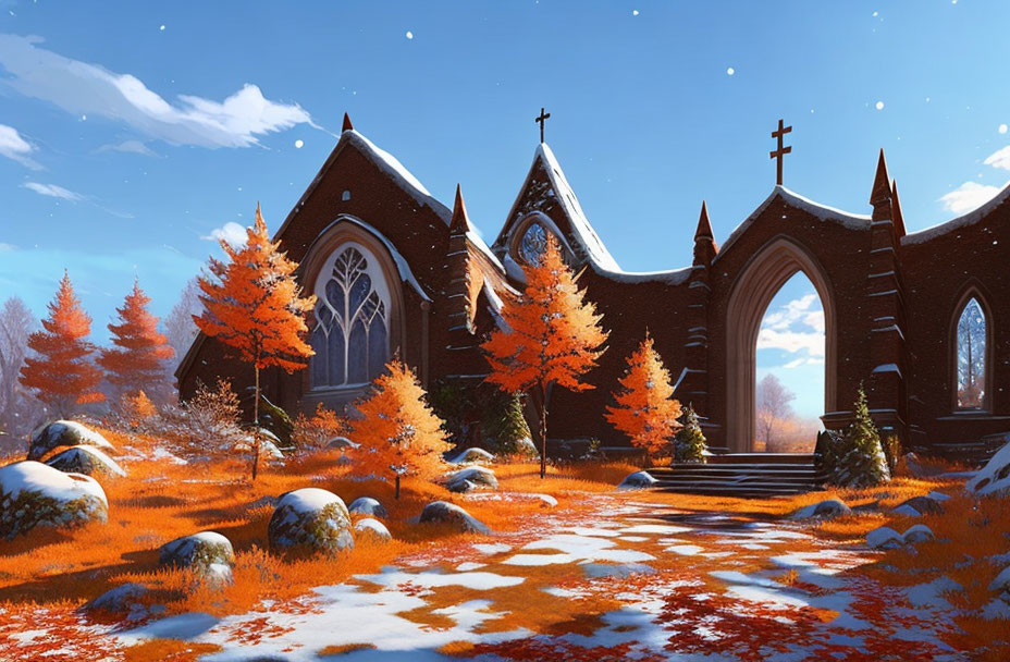 Gothic church in autumn setting with snowflakes and fiery trees