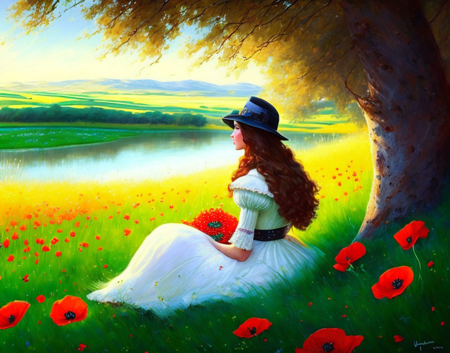 Woman in White Dress and Hat Sitting Under Tree with Poppy Landscape at Sunset