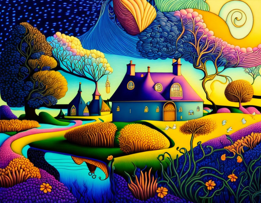 Colorful Landscape with Whimsical Trees, River, Cottage, and Sun