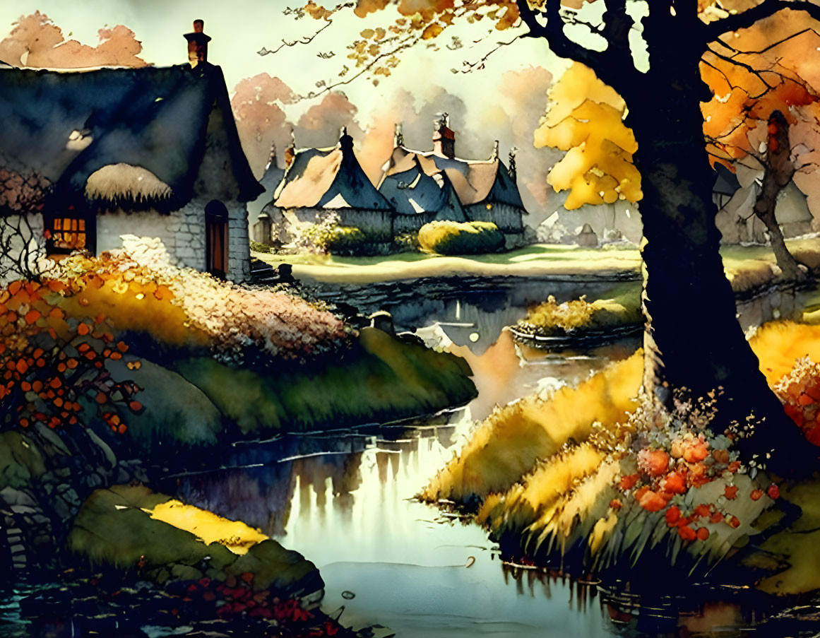 Thatched-Roof Cottages and Autumnal River Scene