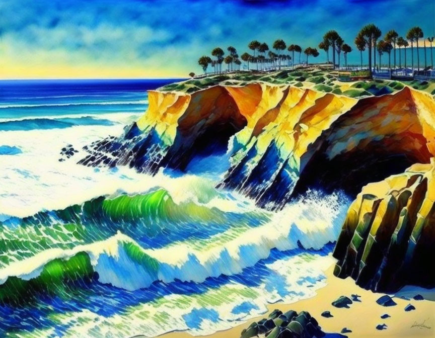 Coastal scene painting: sunlit cliffs, green waves, sandy shore, palm trees, blue