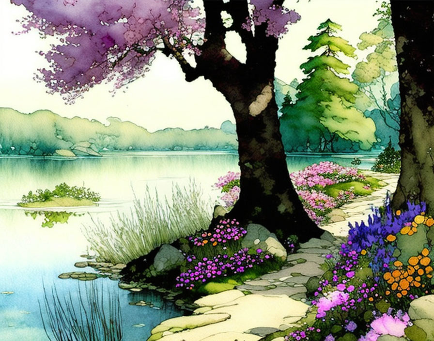 Tranquil watercolor scene: Lakeside pathway with blooming trees & flowers