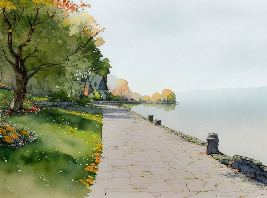 Tranquil watercolor painting of lakeside path with blossoming trees and cottage