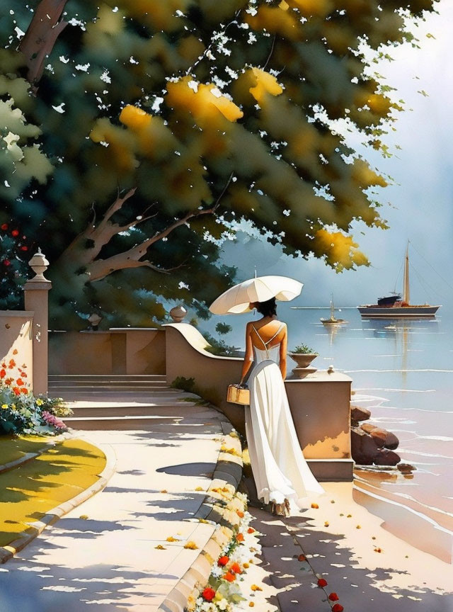 Illustration of elegant woman in white dress and hat by sailboat on water.