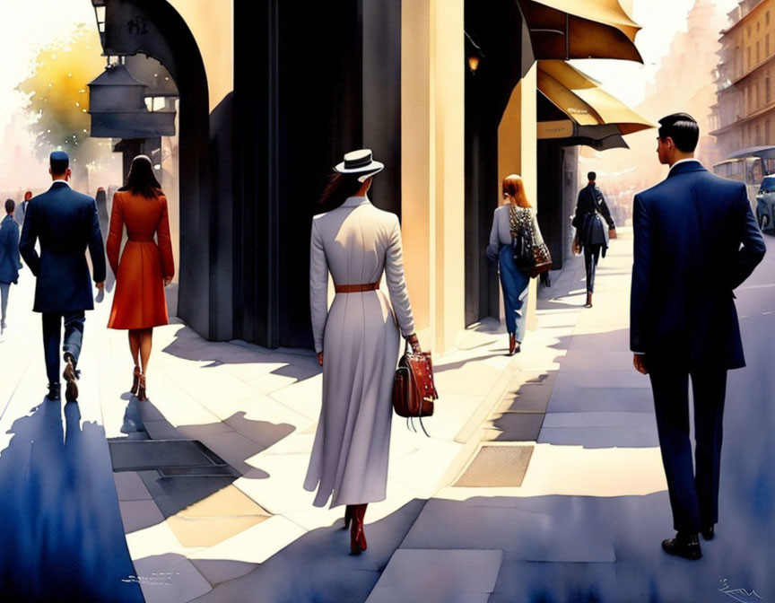 Elegantly Dressed People Walking on Sunny City Street