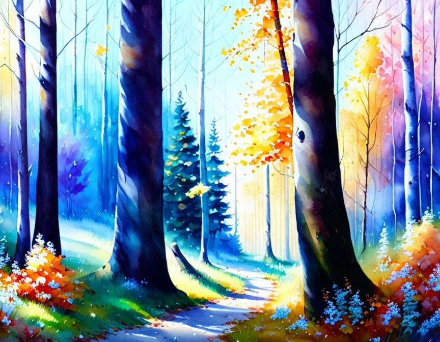 Colorful Autumn Forest Path Watercolor Painting